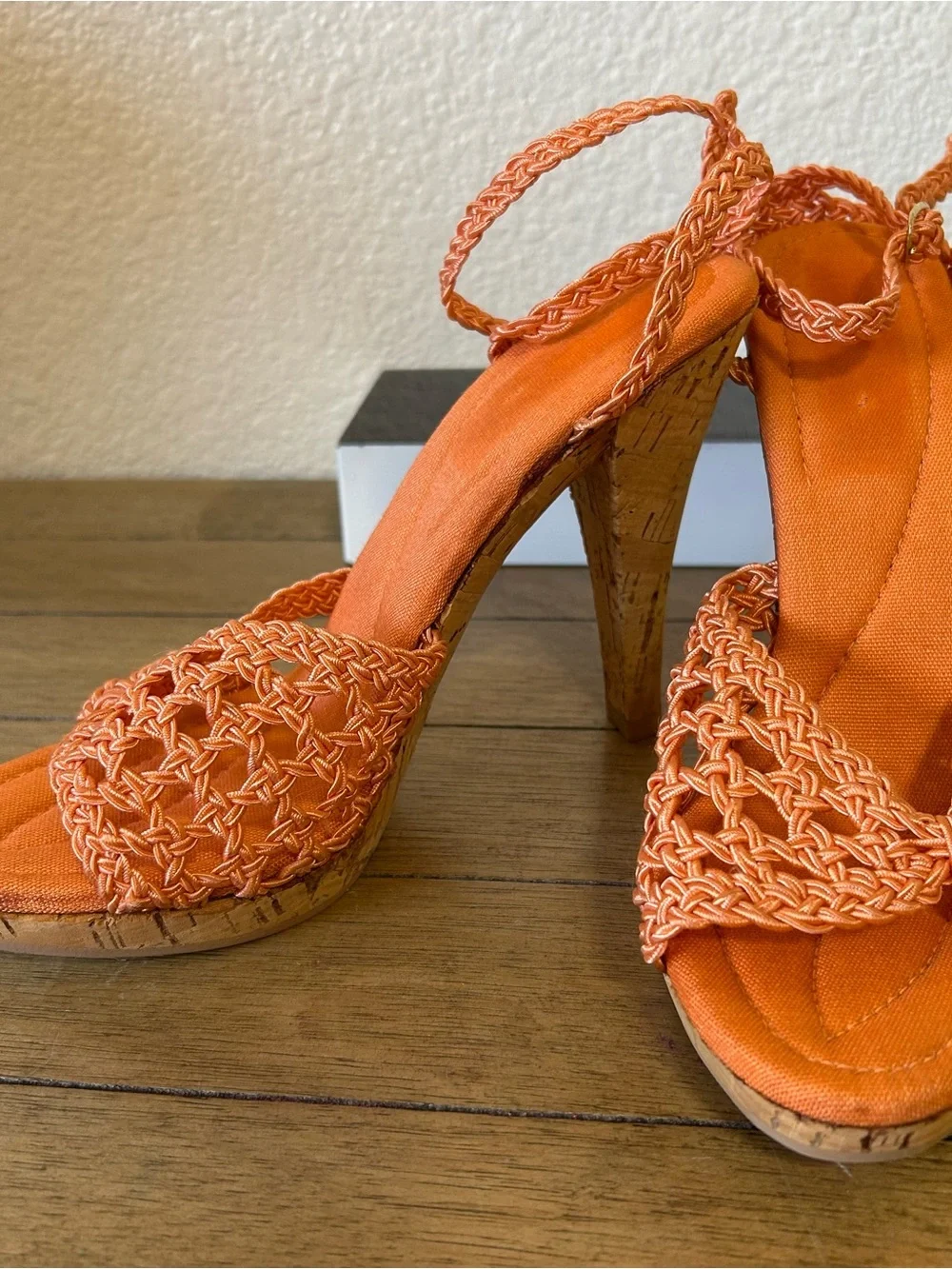Heels - orange braided strap heels with cork bottom- Tropical resort style 6M